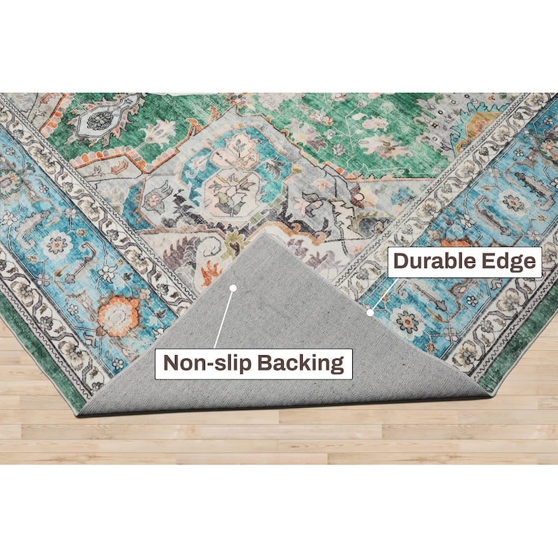 LoomBloom Washable Polyester Area Rug Green Arts & Crafts Machine Made
