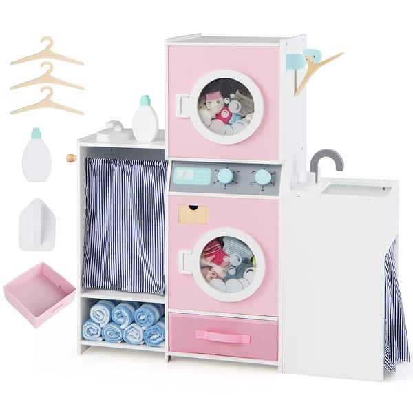 slide 2 of 10, Gymax Wooden Kids Laundry Playset Pretend Toy Washing Machine w/ Pink