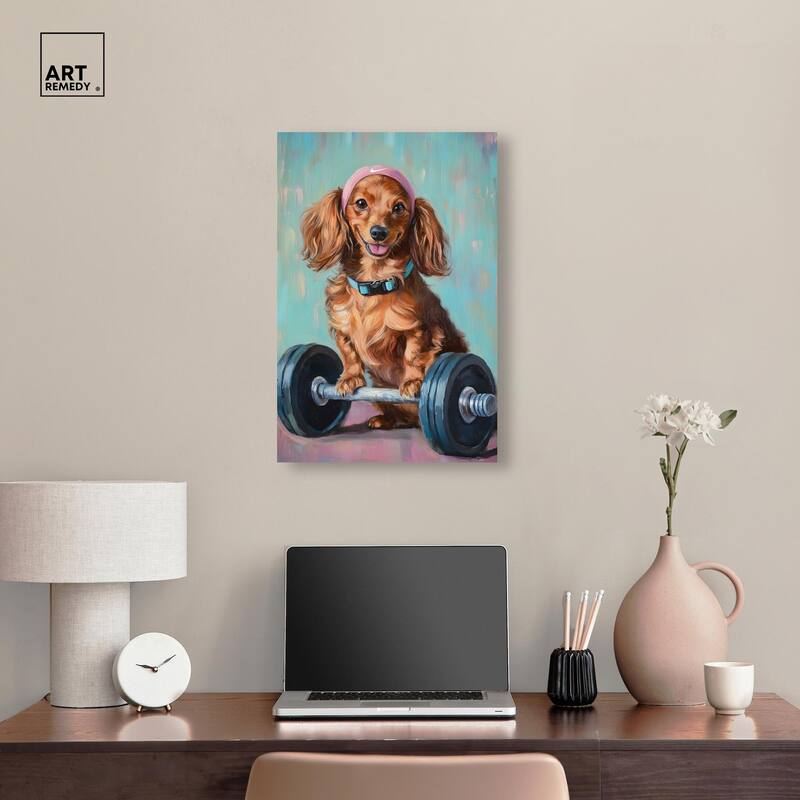 Cute Doxxie Work Out Canvas by Art Remedy, Gallery Wrapped