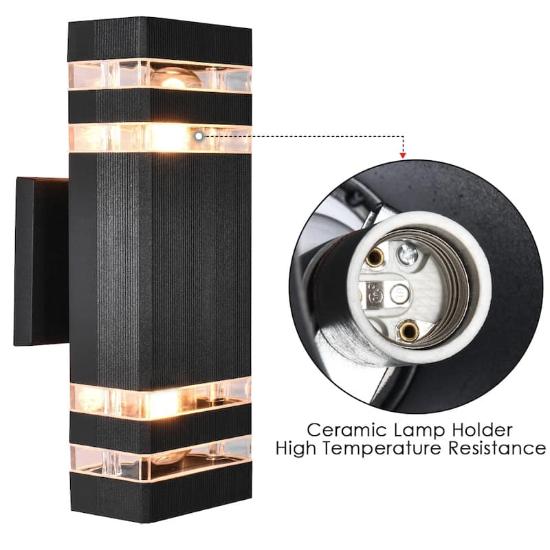 2 Pack 12 in. 2-Light Mid-Century Modern Black Square Outdoor Waterproof Lantern Wall Sconces - 4.33 in. W x 12.09 in. H