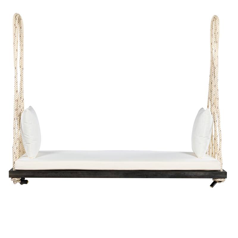 Acacia Wood Swing Chair, Hanging Porch Bench with Cushion & Pillows, 400lb Capacity & 10.8ft Ropes - Brown Swing Chiar+Beige Cushion