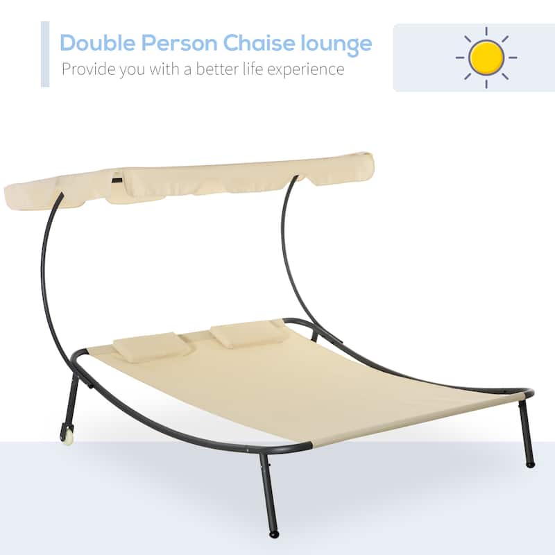 Outsunny Patio Double Chaise Lounge Chair, Outdoor Wheeled Hammock Daybed with Adjustable Canopy and Pillow