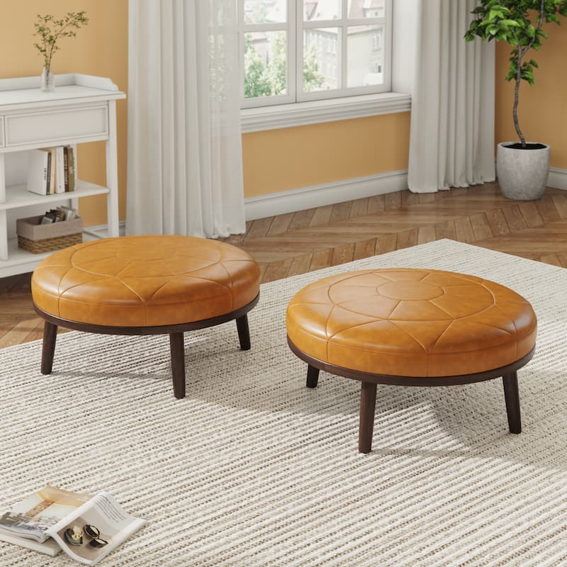 UIXE Full Grain Genuine Italian Leather Round Ottoman Modern Oversize Side Tble