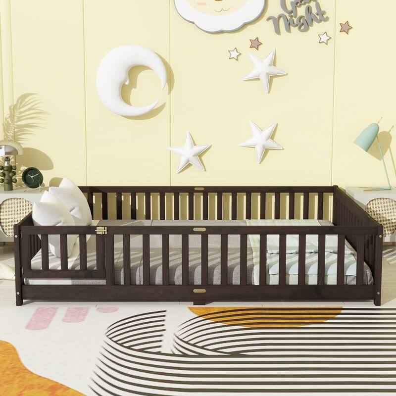 Rubber Wood Floor Bed with Safety Guardrails - Espresso - Queen