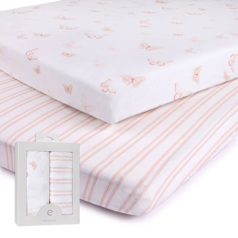 Ely's & Co. Baby Fitted Pack n Play - Mini Crib Sheet Set - 2 Pack - 38" x 24" - Pink Butterfly & Stripe