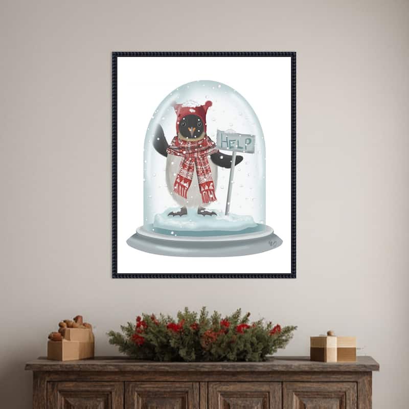 Christmas Penguin Snow Globe by Fab Funky (23 x 28 in.), Framed Canvas Wall Art Print - Sylvie Beaded Black