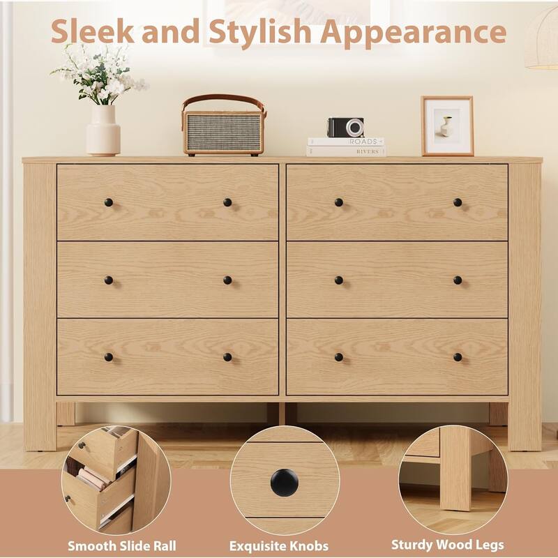 6 Drawer Dresser for Bedroom, Wide White Chest with Deep Drawers and Metal Knobs, Modern Storage for Hallway, Kids Room