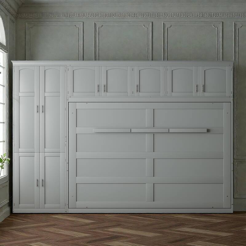 Queen Size Murphy Wall Bed with Cabinets, Wardrobe, Drawers & Storage Shelf, Space-Saving Folding Bed System - Grey - Queen