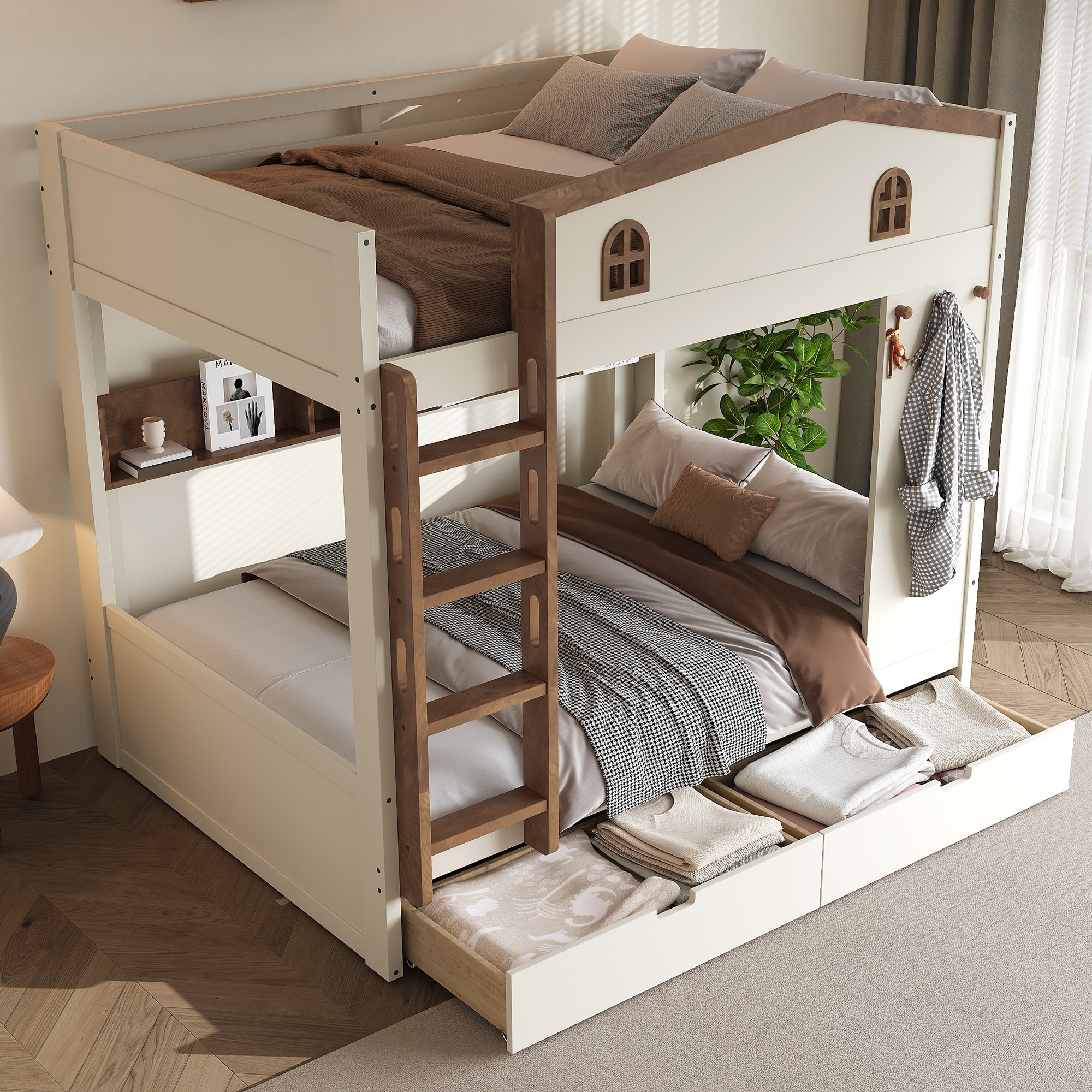 Roomfitters Full-Over-Full Solid Wood Bunk Bed, Storage Units, Triple-Tier Bookshelf & Side Hooks, Beige & Natural Bed Frame