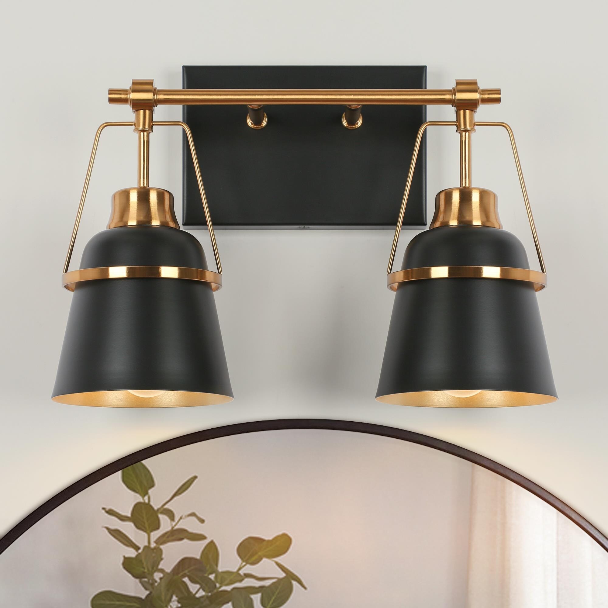 Modern Contemporary Dimmable Black 2-Light Bathroom Vanity Lights Gold Bracket Bar Wall Sconce - L 13.4" x D 5.7" x H 10"