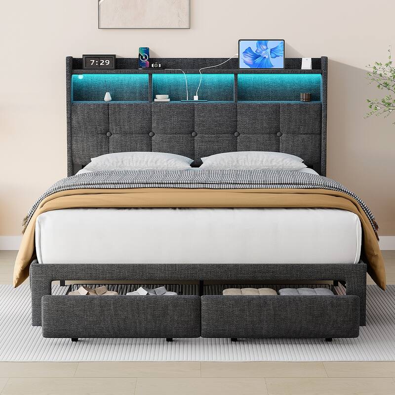 King Size Upholstered Platform Bed with LED Lights, Charging Station & Storage Headboard, No Box Spring Needed