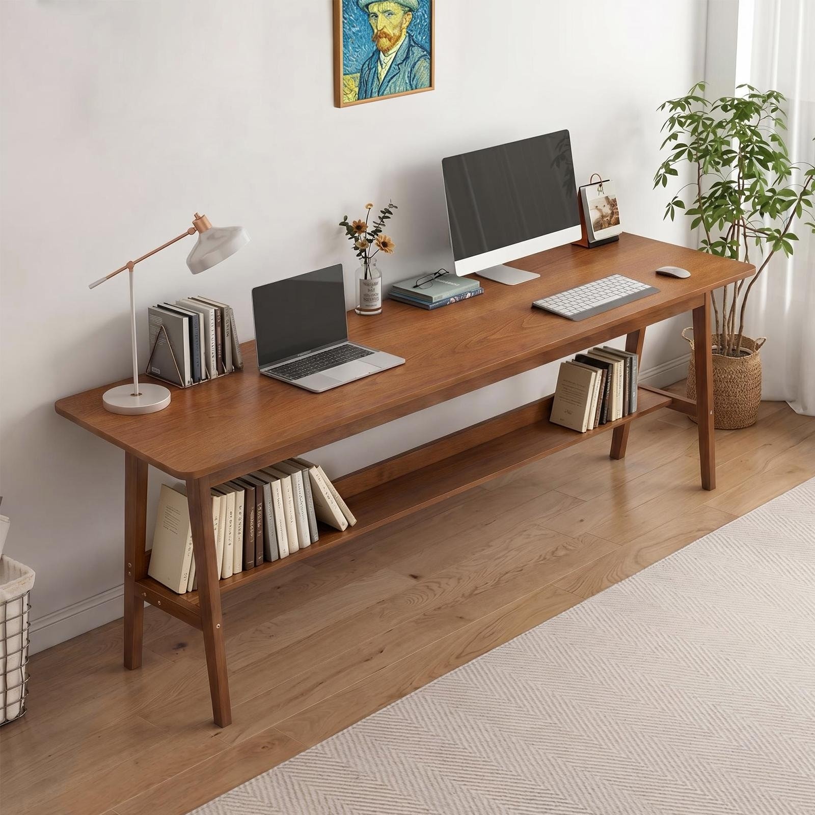 Casual Solid Wood Computer Desk with Storage Shelves Walnut by GDFStudio