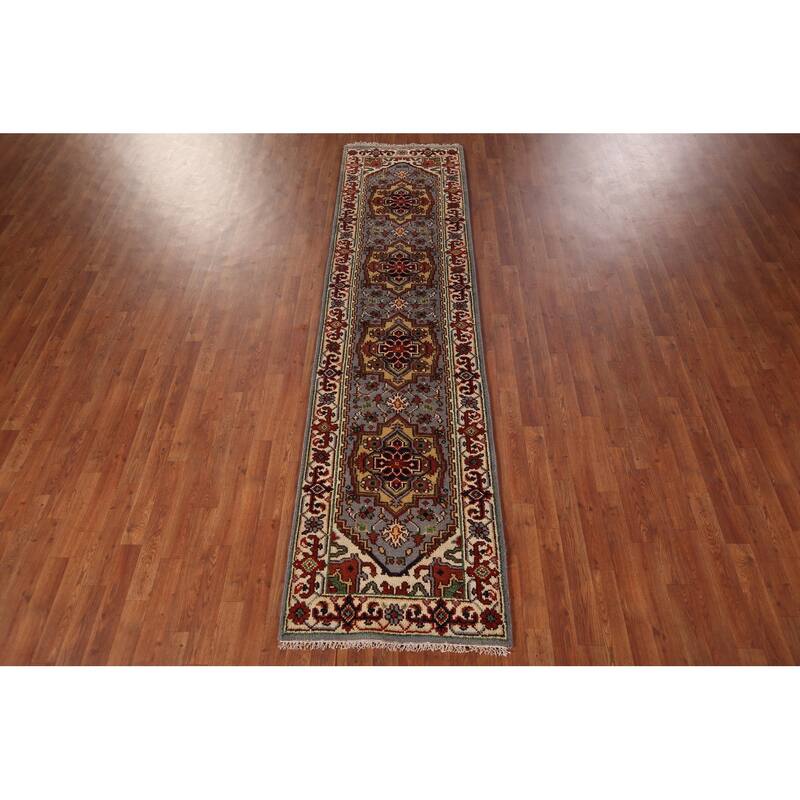 Geometric Gray Heriz Serapi Indian Runner Rug Hand-Knotted Wool Carpet - 2'6"x 9'10"