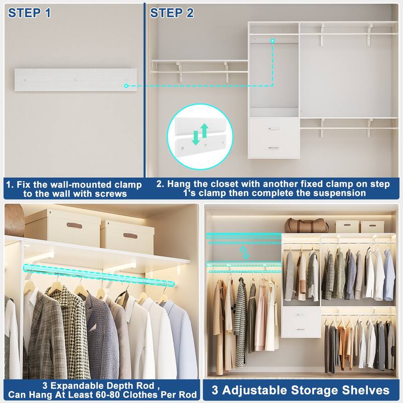 96'' W Wall-mounted Closet System with Storage Shelves and Hanging Rods,Adjustable Walk-in Closet Organizer System