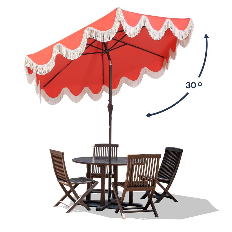9ft Tassel Patio Umbrella Auto-Tilt, Crank , by JONATHAN Y