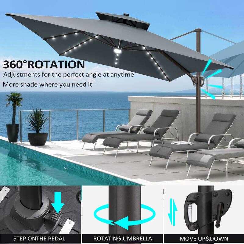 10 X 13 FT Outdoor Patio Cantilever Umbrella with Solar Lights Wheeled Base Double Canopy 360 Rotation Tilt