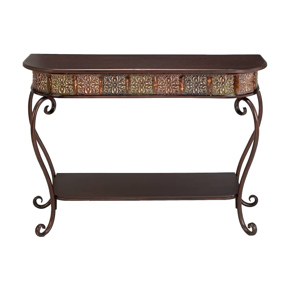 Metal Floral Embossed 1 Shelf Console Table with Ornate Scroll Legs - Brown - Roche River Decor - 14"Wx43"Lx32"H