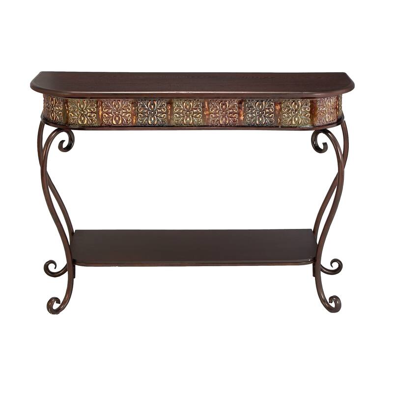 Metal Floral Embossed 1 Shelf Console Table with Ornate Scroll Legs - Brown - Roche River Decor - 14"Wx43"Lx32"H
