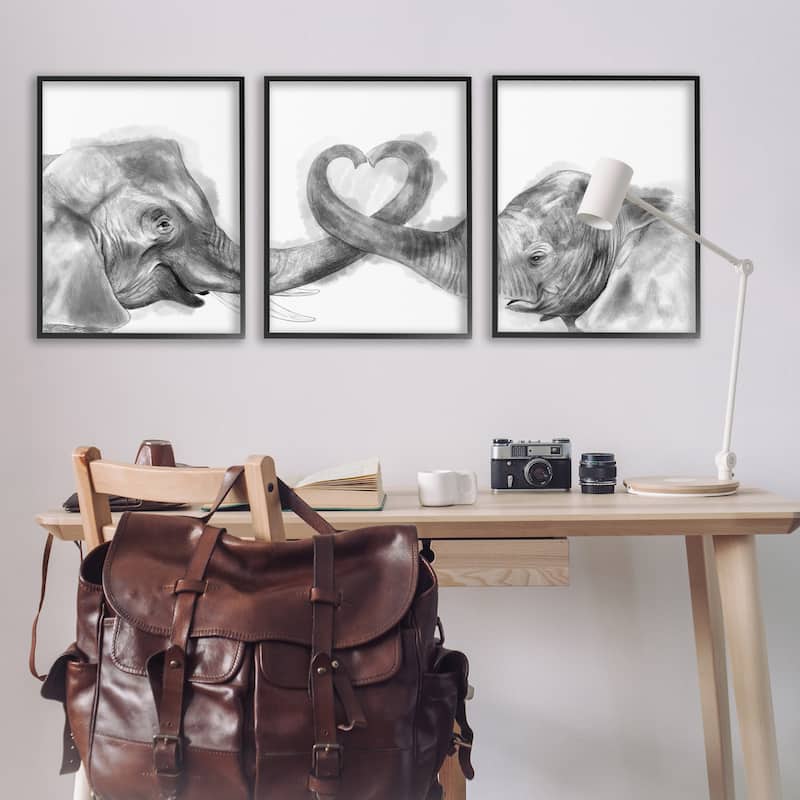 Stupell Elephant Trunk Heart Jungle Animal Illustration, 3pc Multi Piece Framed Wall Art Set