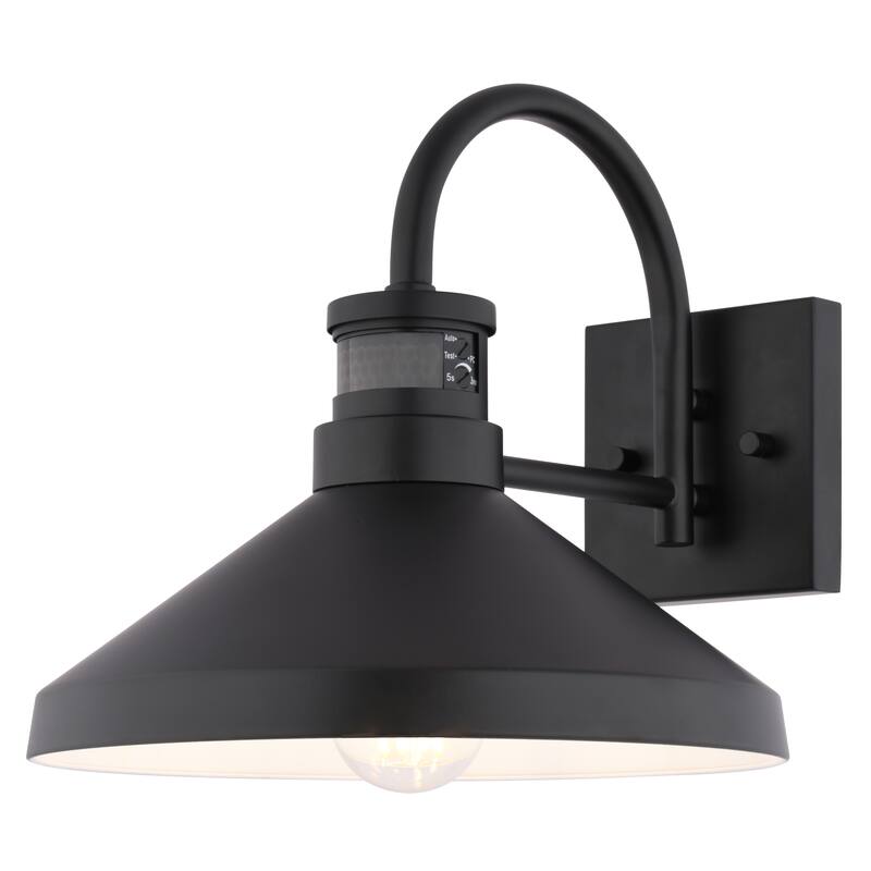 VAXCEL Highland Park Matte Black and White Motion Sensor Dusk to Dawn Outdoor Wall Sconce Light Fixture, Steel Shade