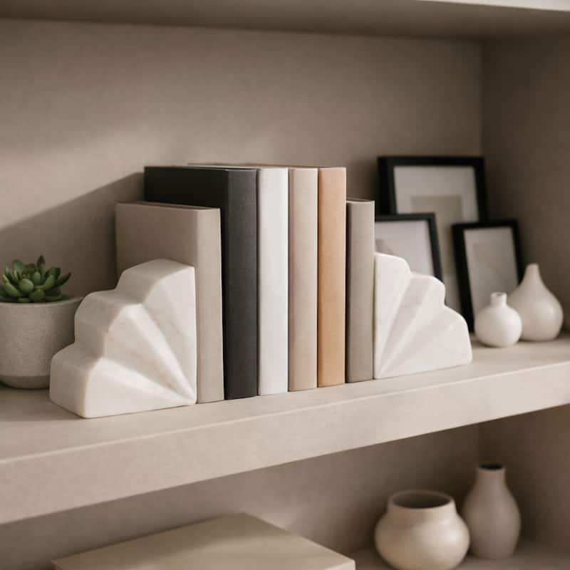 Marble Semi Circle Fluted Bookends Set of 2 - White, 5" - 5.25" - 5.25" - White