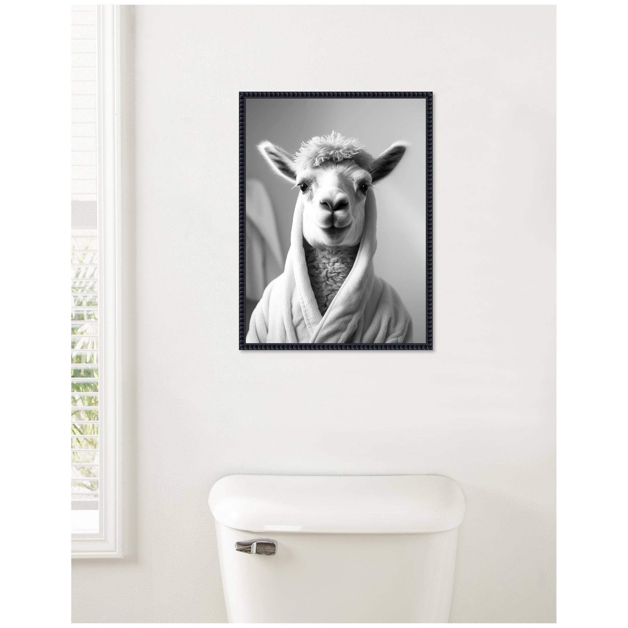 Kate and Laurel Sylvie Llama Bathroom Art Towel Robe Black and White Framed Canvas by The Creative Bunch Studio