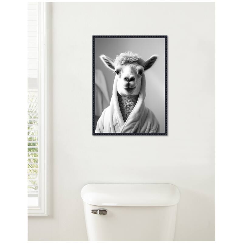 Kate and Laurel Sylvie Llama Bathroom Art Towel Robe Black and White Framed Canvas by The Creative Bunch Studio