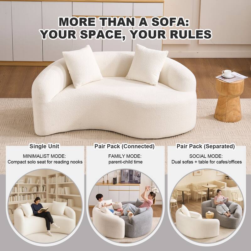 Yin-Yang Design Single Chaise Couch S-curved Chenille Sofa, Purchase 2pc for Combination into Tai Chi Round Sleeper Sofa Bed