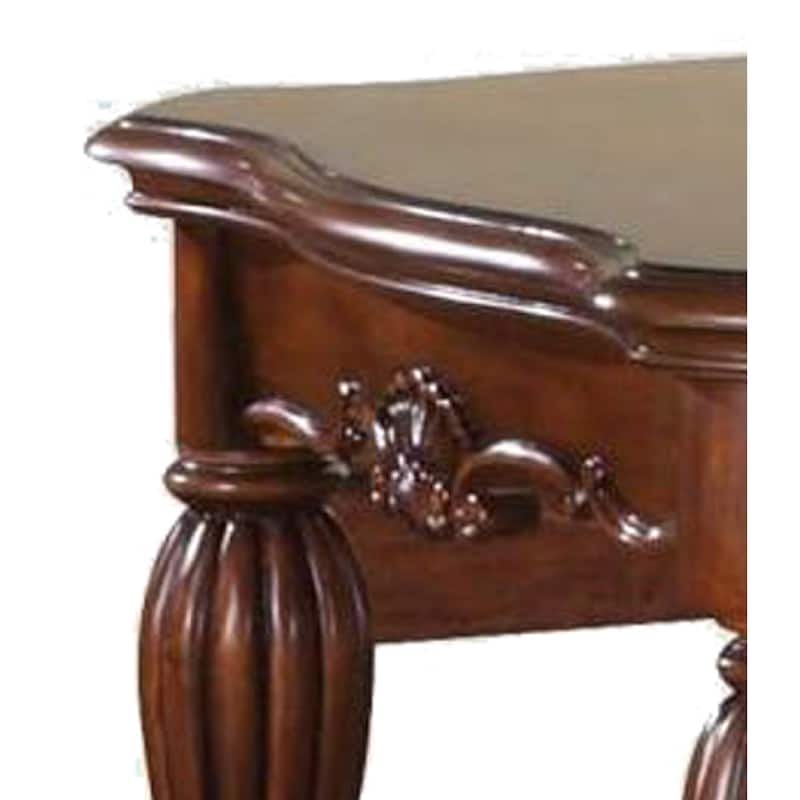 Wooden End Table with Carved Details, Cherry Brown