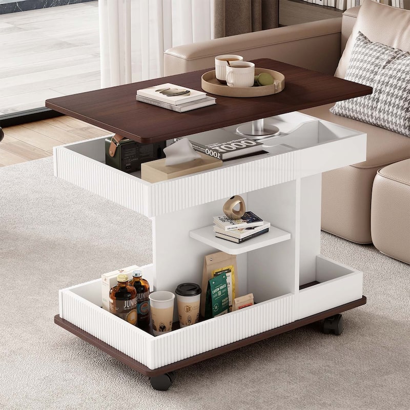Modern End Table with Wheels - Brown+White