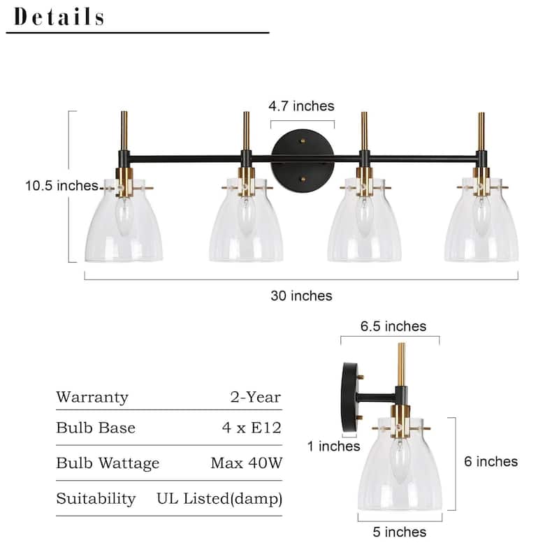 Black Gold 4-Light Modern Vanity Lights Bathroom Light Fixture with Clear Glass