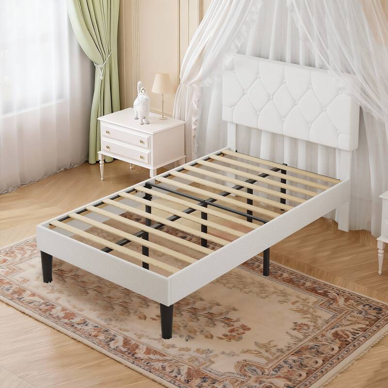 VECELO Tufted Upholstered Linen Bed Platform Bed Frame with Upholstered Headboard, Button Tufted Design