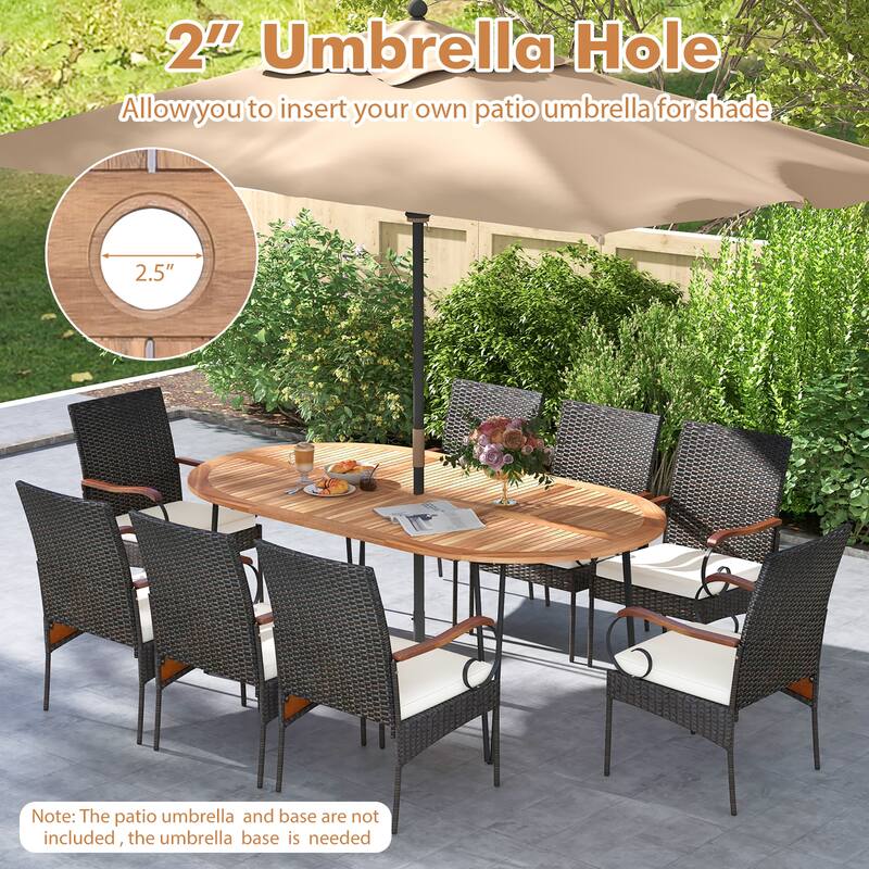 Gymax 9 PCS Acacia Wood Table & 8 Patio Wicker Armchairs Patio Rattan
