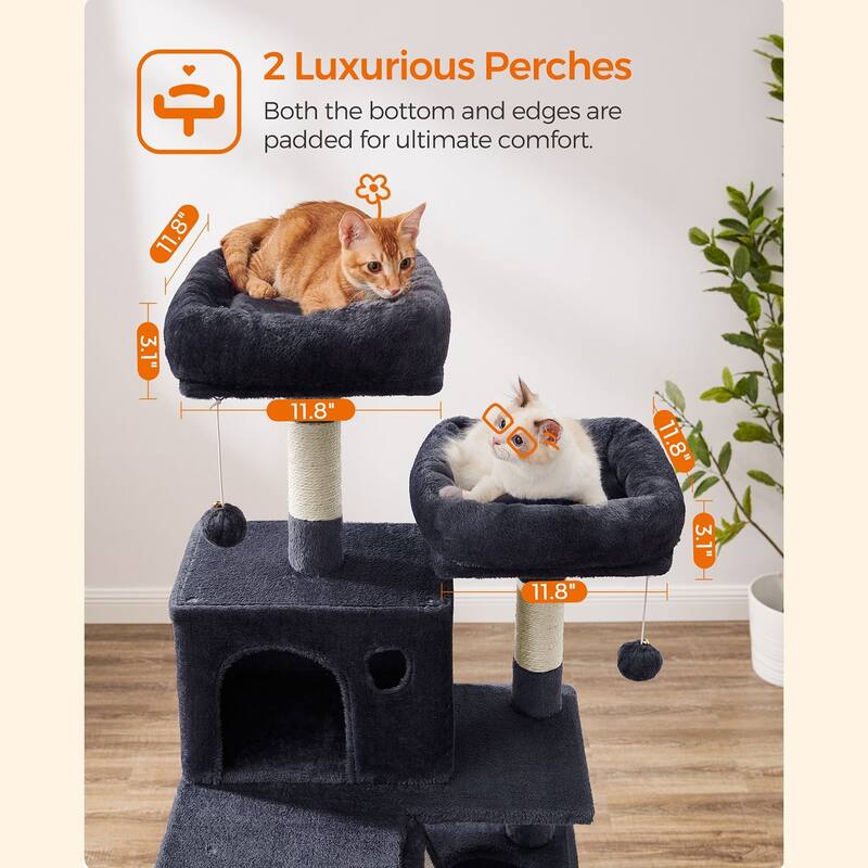 Cat Tree, 66.1-Inch Large Cat Tower with 13 Scratching Posts, 2 Perches, 2 Caves, Basket, Hammock, Pompoms