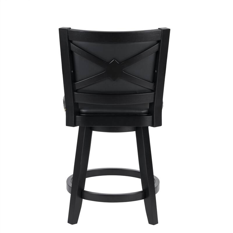 Kera Swivel Counter Height Stool Chair, Black Wood, Nailhead Faux Leather