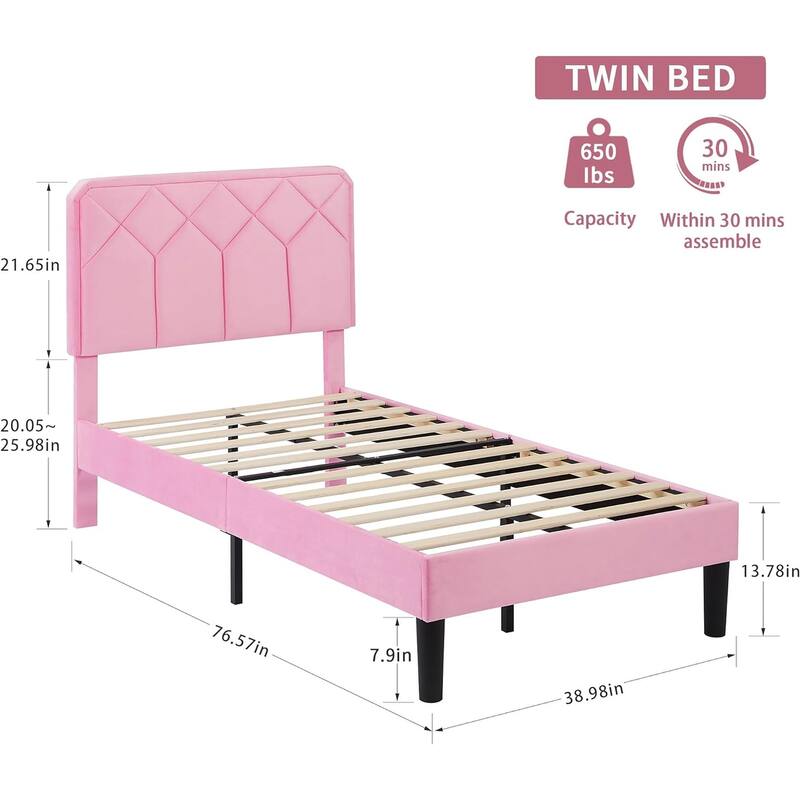 VECELO Pink Velvet Upholstered Bed Frame with Adjustable Headboard No Box Spring Needed Under Bed Storage Platform Bed