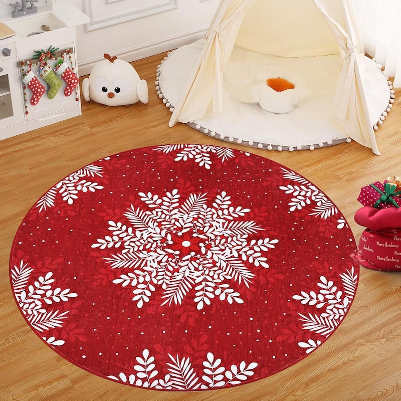 Christmas Snowflake Washable Area Rug, for Holiday Decor, Red