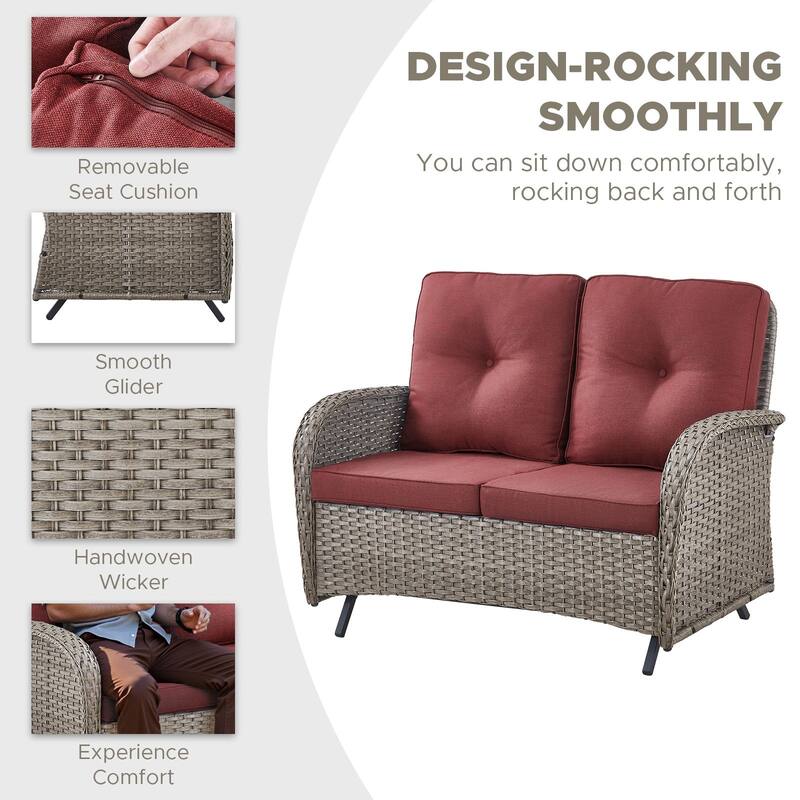 Pocassy 7 Pieces Glider Sofa with Rocker Chairs Ottomans Table