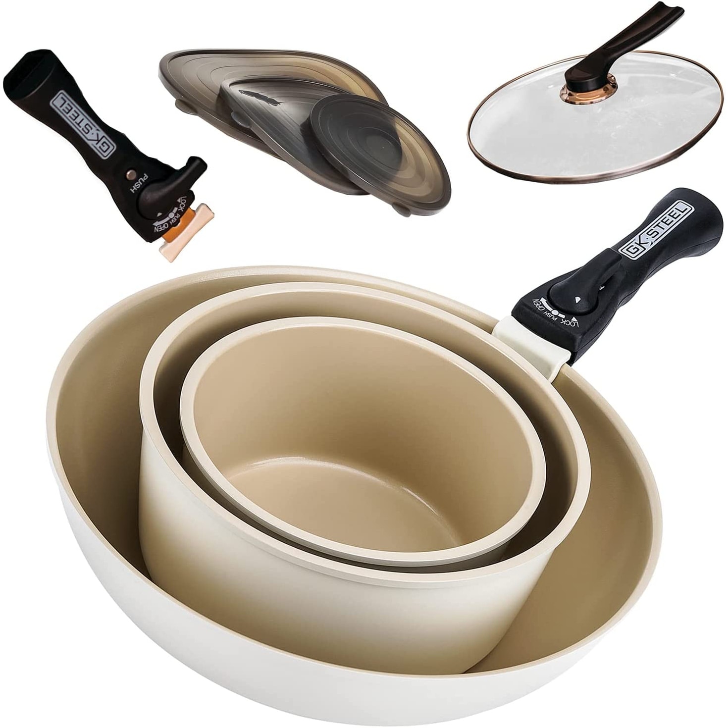 Steel Detachable Handle Pots and Pans - 3 Piece White Ceramic Cookware Set  - On Sale - Bed Bath & Beyond - 37523304