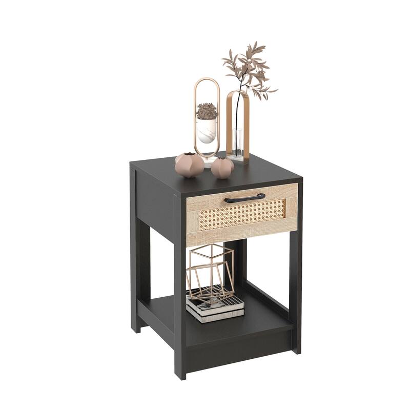 15.75" Rattan End table with drawer, Modern nightstand, side table for living roon, bedroom,natural