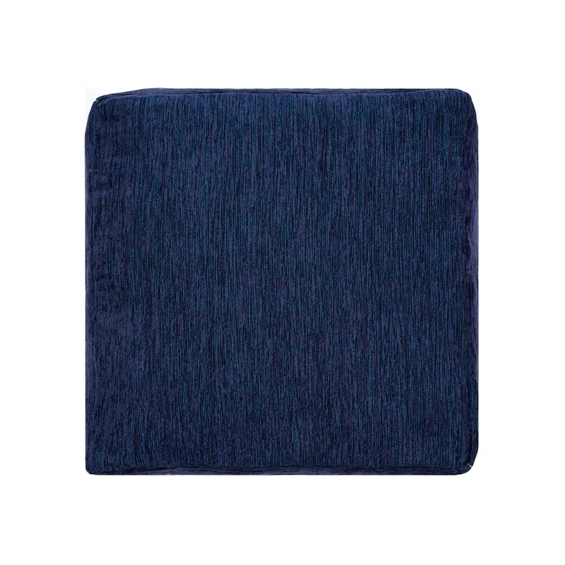 18-Inch Blue Upholstered Pouf Ottoman with Geometric Medallion Design Footrest or Seat Accent