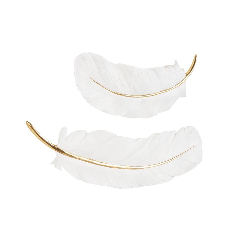 Resin Bird Feather Home Wall Decor with Gold Foil Accent - Set of 2 White - Roche River Decor