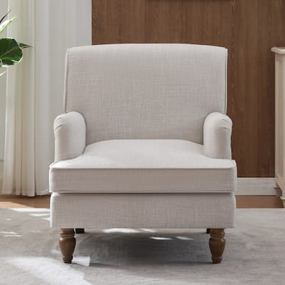 Upholstered Linen Fabric Armchair with Antique Solid Wood Legs