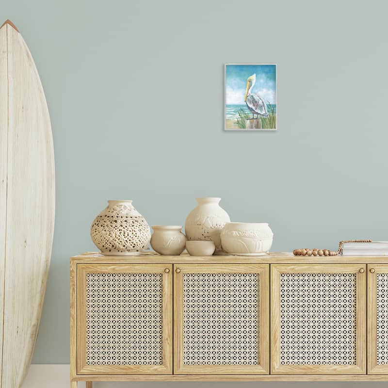 Stupell Pelican Perched near Shore Framed Giclee Art Design By Diane Kater