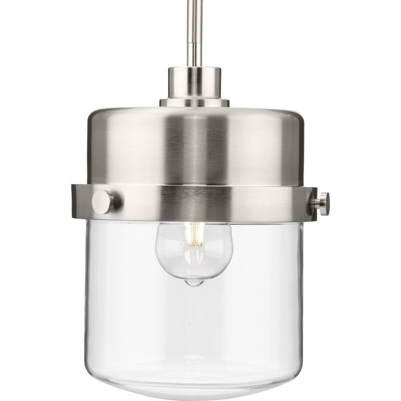 Beckner Collection One-Light Brushed Nickel Clear Glass Urban Industrial Pendant Light - 8 in x 8 in x 11.25 in