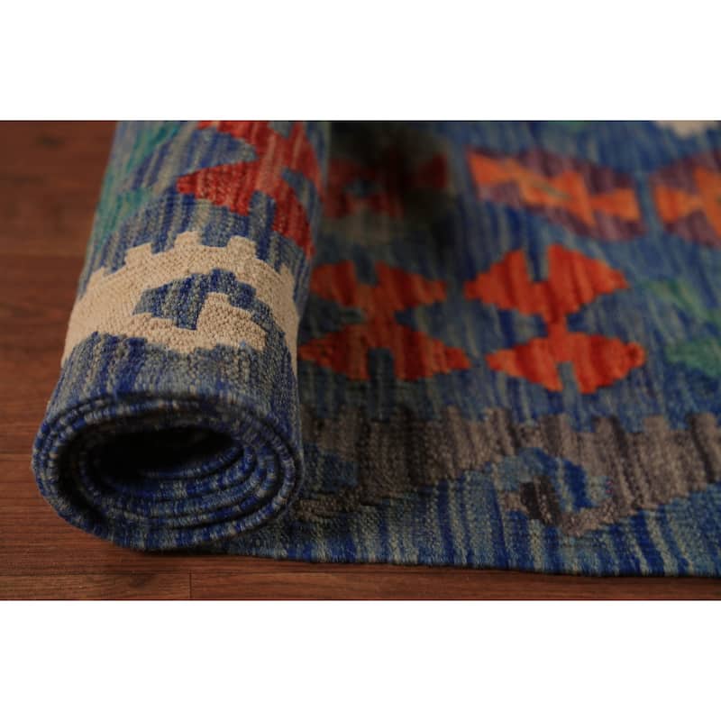 Reversible Blue Kilim Oriental Large Rug Flatweave Wool Carpet - 10'0"x 15'9"