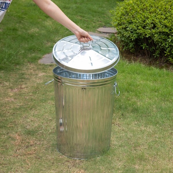 Indoor/Outdoor Galvanized Steel Trash Can with Lid, Round - On