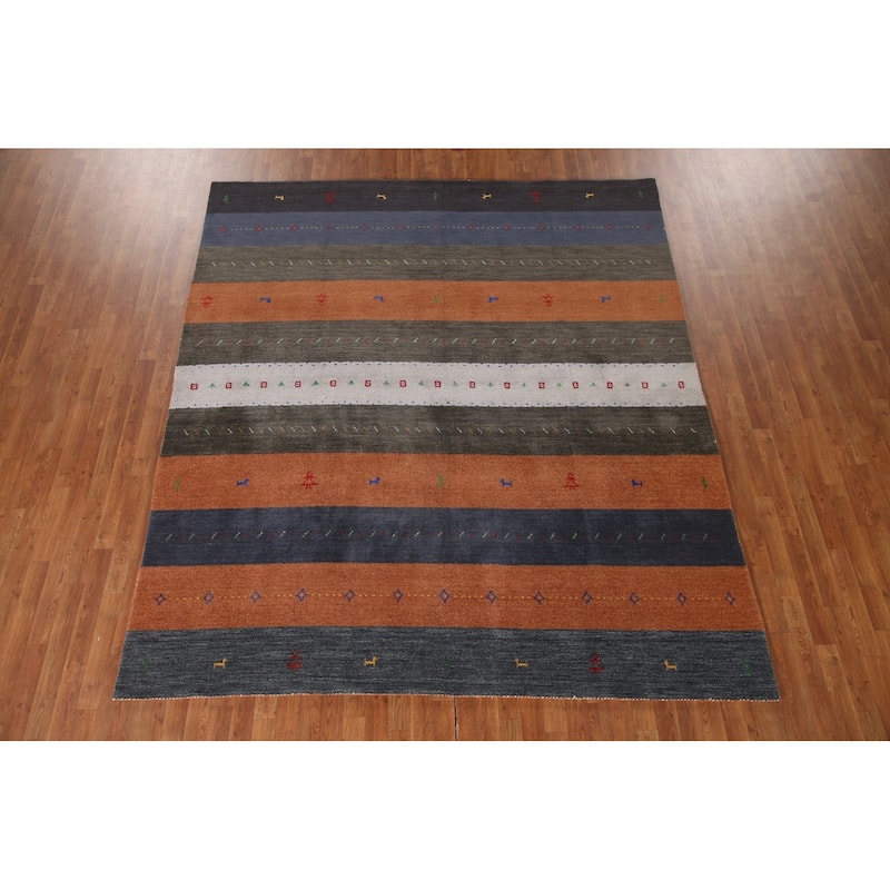 Multi-Color Striped Gabbeh Indian Area Rug Handmade Tribal Wool Carpet - 8'4"x 9'5"