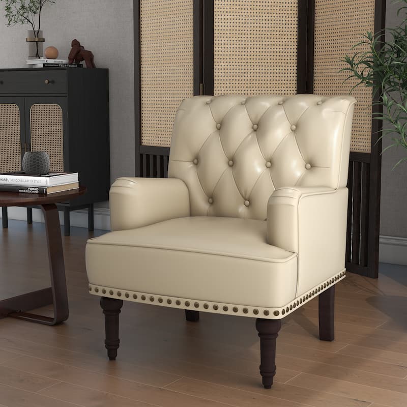 Mid-Century Leather Tufted Accent Chair for Living Room - Beige