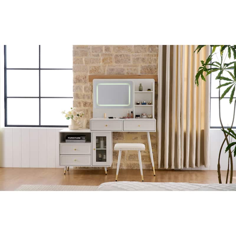 Modern Makeup Vanity Desk with Mirror and Lights, Retractable Dressing Table with Drawers and Cabinet